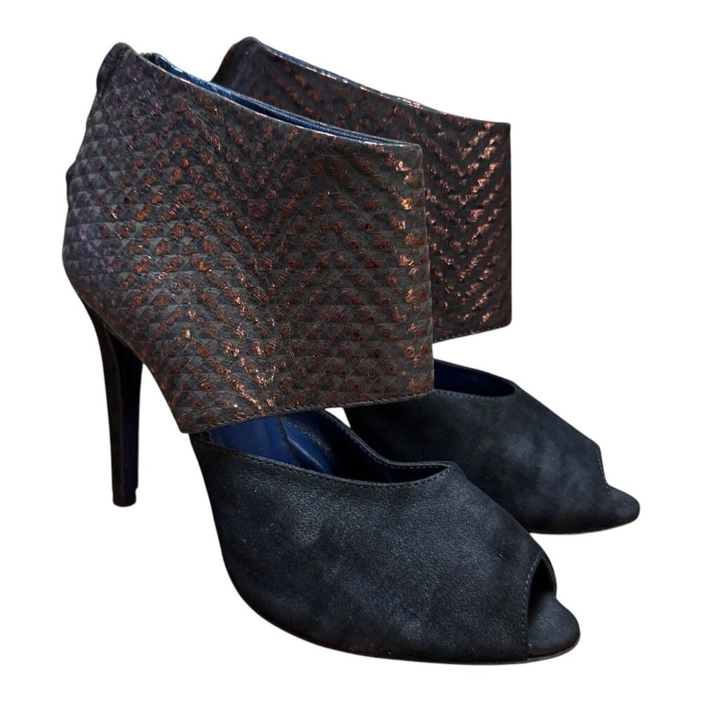 Valentina Rangoni Stiletto Heels Sz 6.5 Ankle Strap Black Suede Bronze Leather